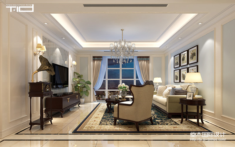 长江国际155平美式风格效果图                  装修-三室两厅-美式田园
