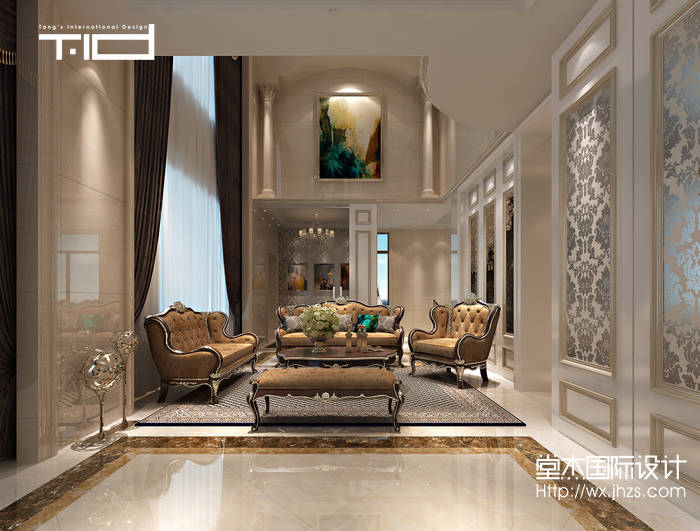 简欧风格-绿地香颂-跃层复式-420平-客厅-装修效果实景图