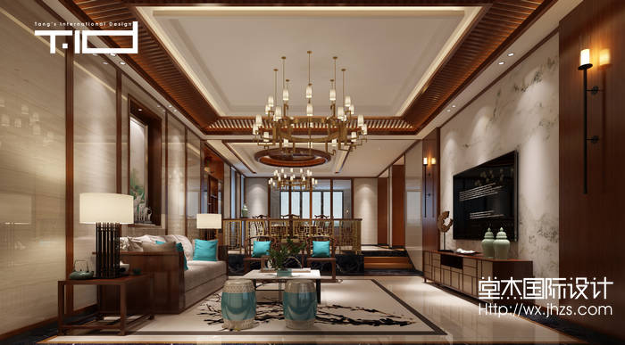 新中式风格-印象剑桥-别墅-500平-客厅-装修效果实景图