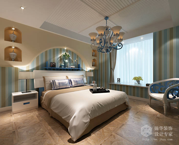 地中海风格-金太湖-三室两厅-120平-卧室-装修效果图