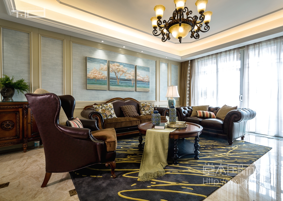 美式风格-保利达江湾城-大户型-206平-客厅-装修效果实景图