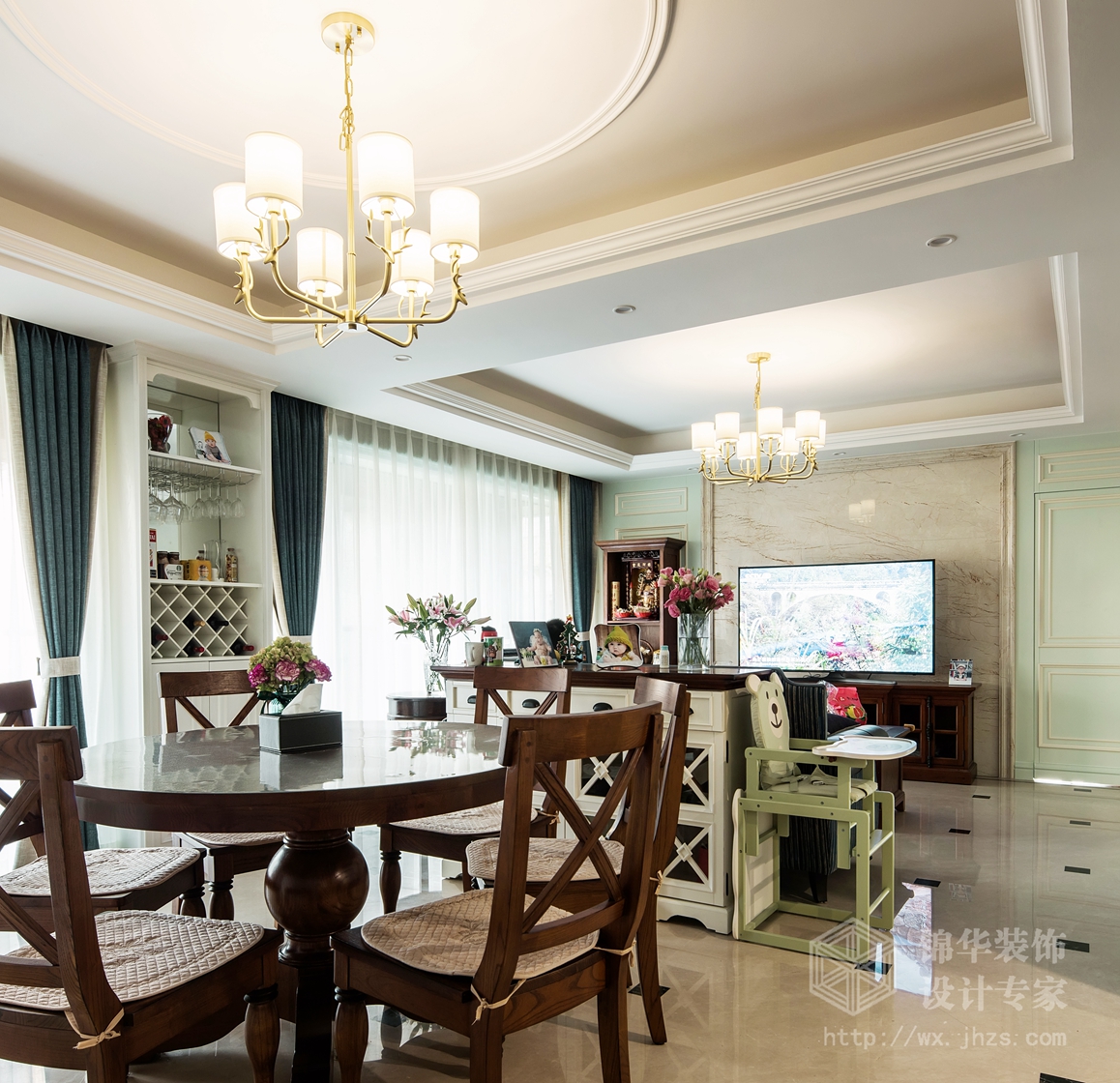 美式风格-山水湖滨-三室两厅-126平-客餐厅-装修效果实景图