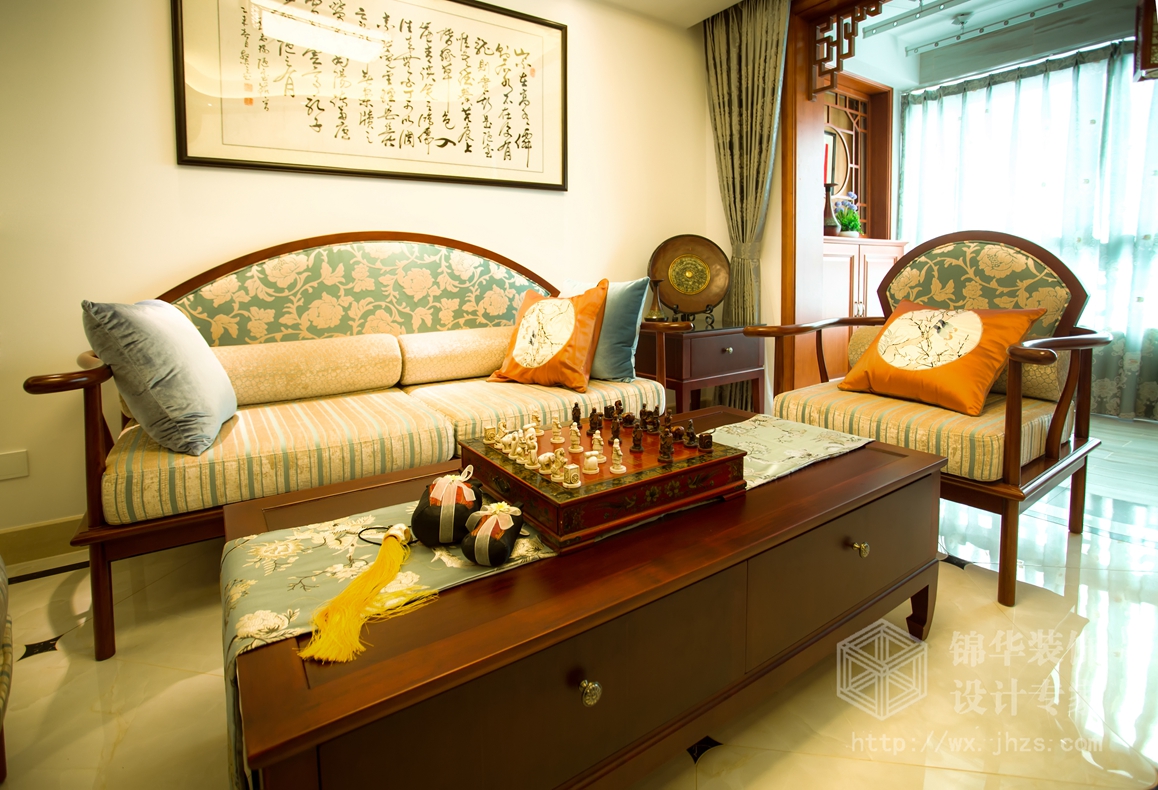 新中式风格-万达旅游城-三室两厅-109平-客厅-装修实景效果图