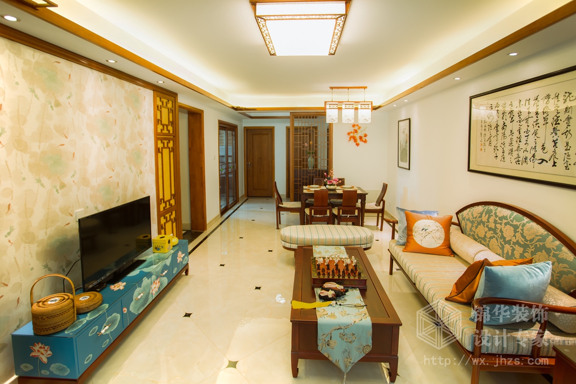 新中式风格-万达旅游城-三室两厅-109平-客厅-装修实景效果图