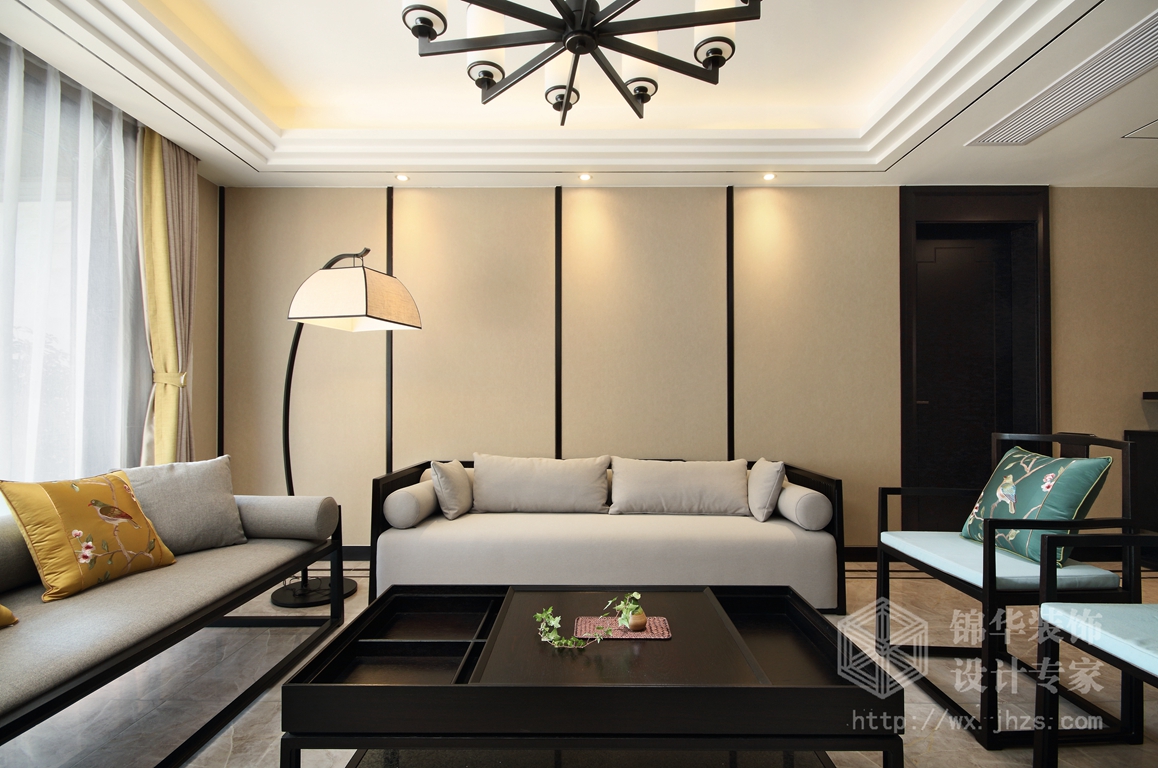 新中式风格-世界城-跃层复式-290平-客厅-装修效果实景图