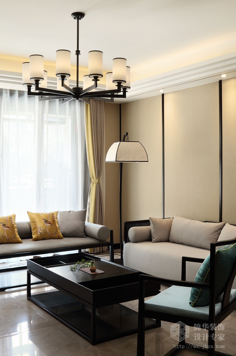 新中式风格-世界城-跃层复式-290平-客厅-装修效果实景图
