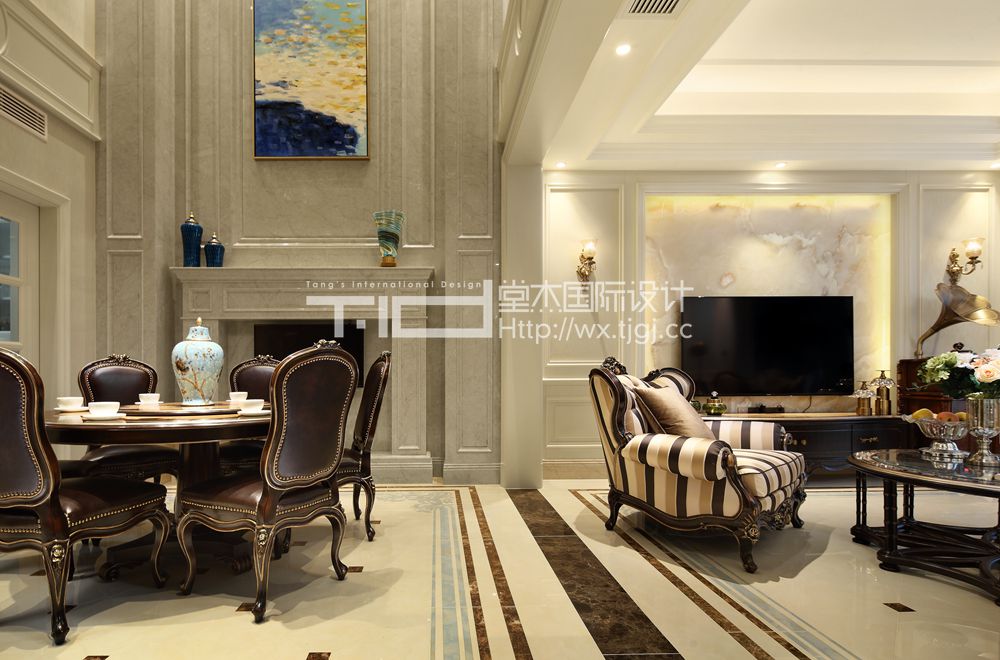 美式风格-万象九里-别墅-380平-客厅-装修效果实景图