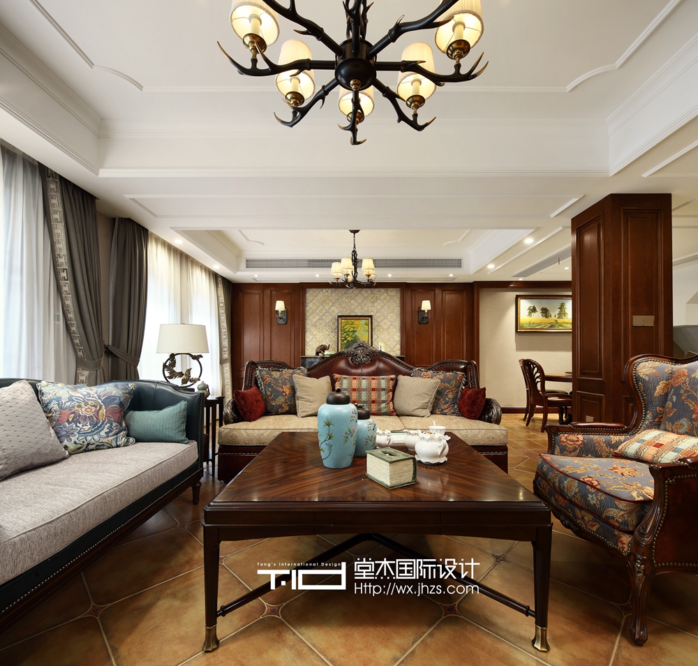 美式风格-绿地波士顿-别墅-310平-客厅-装修效果实景图
