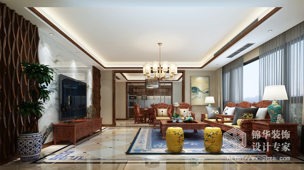 新中式-玉兰花园-大户型-240平-客厅-装修效果实景图