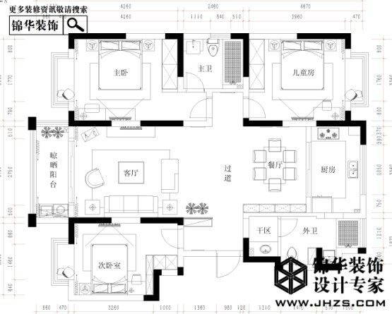 现代简约-水岸华府金顶-三室两厅-140平-平面图-装修实景效果图