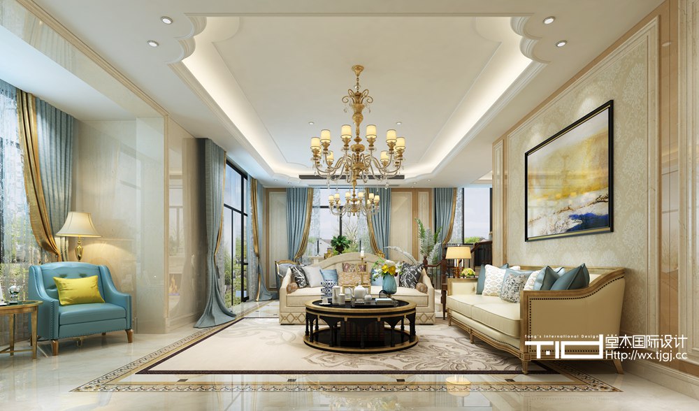 法式风格-百乐和园-别墅-540平-客厅-装修效果实景图