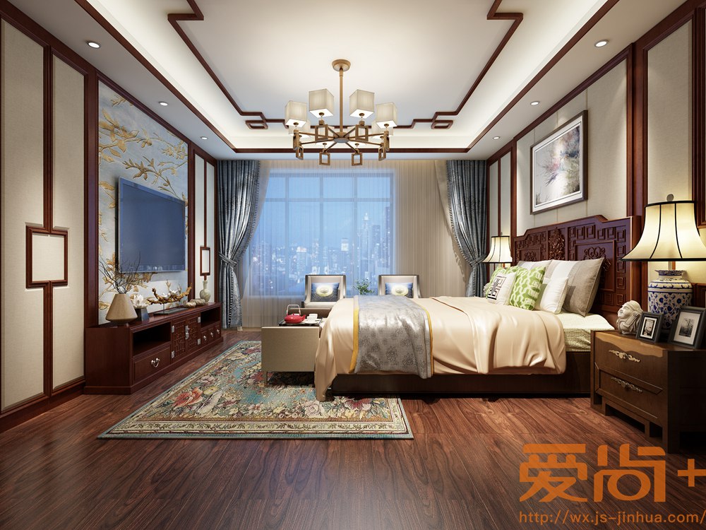 中式风格-绿地香颂-别墅-300平-卧室-装修效果图