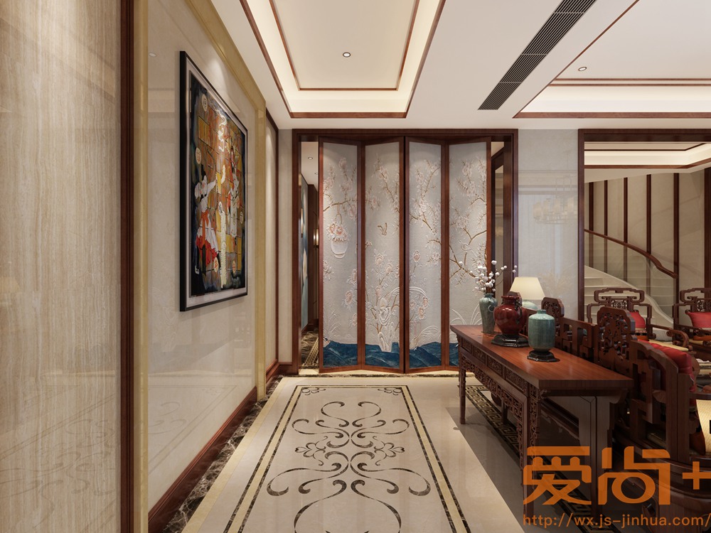 中式风格-绿地香颂-别墅-300平-过道-装修效果图