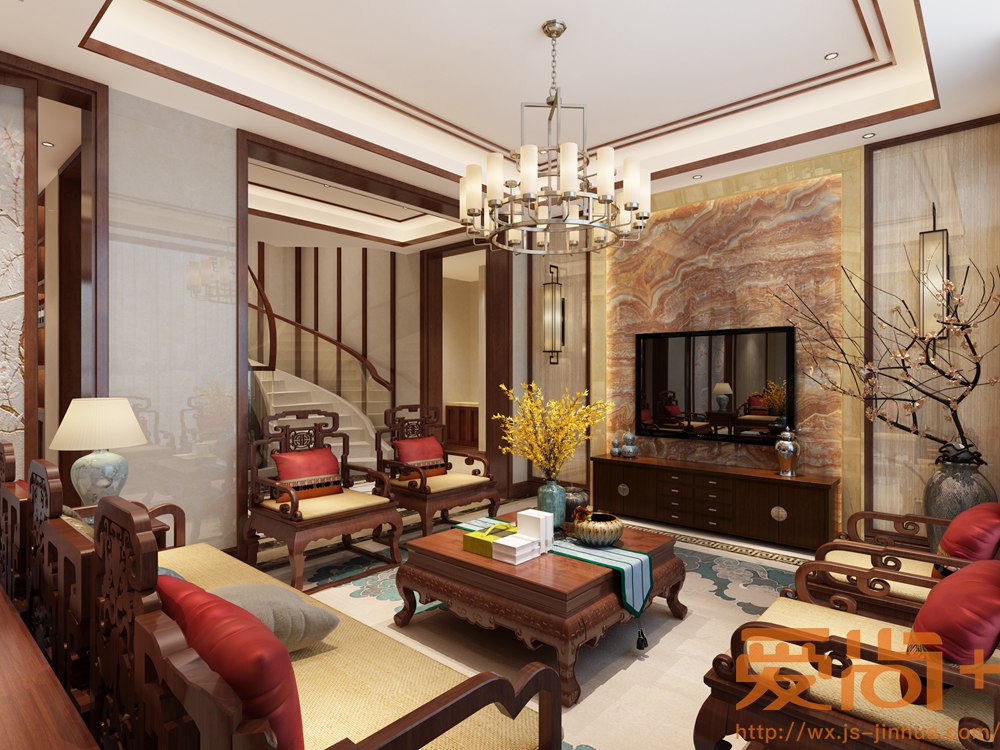 中式风格-绿地香颂-别墅-300平-客厅-装修效果图