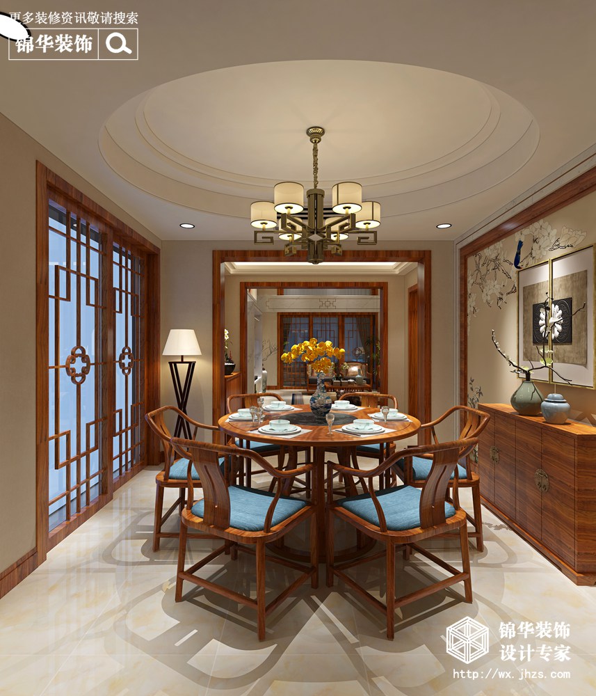 新中式风格-天池湾-跃层复式-200平米-餐厅-装修效果实景图