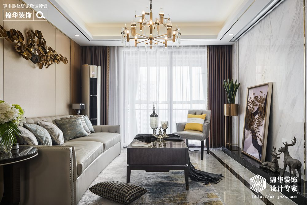 现代轻奢风格-华润橡树湾-三室两厅-118平米-客厅-装修实景效果图