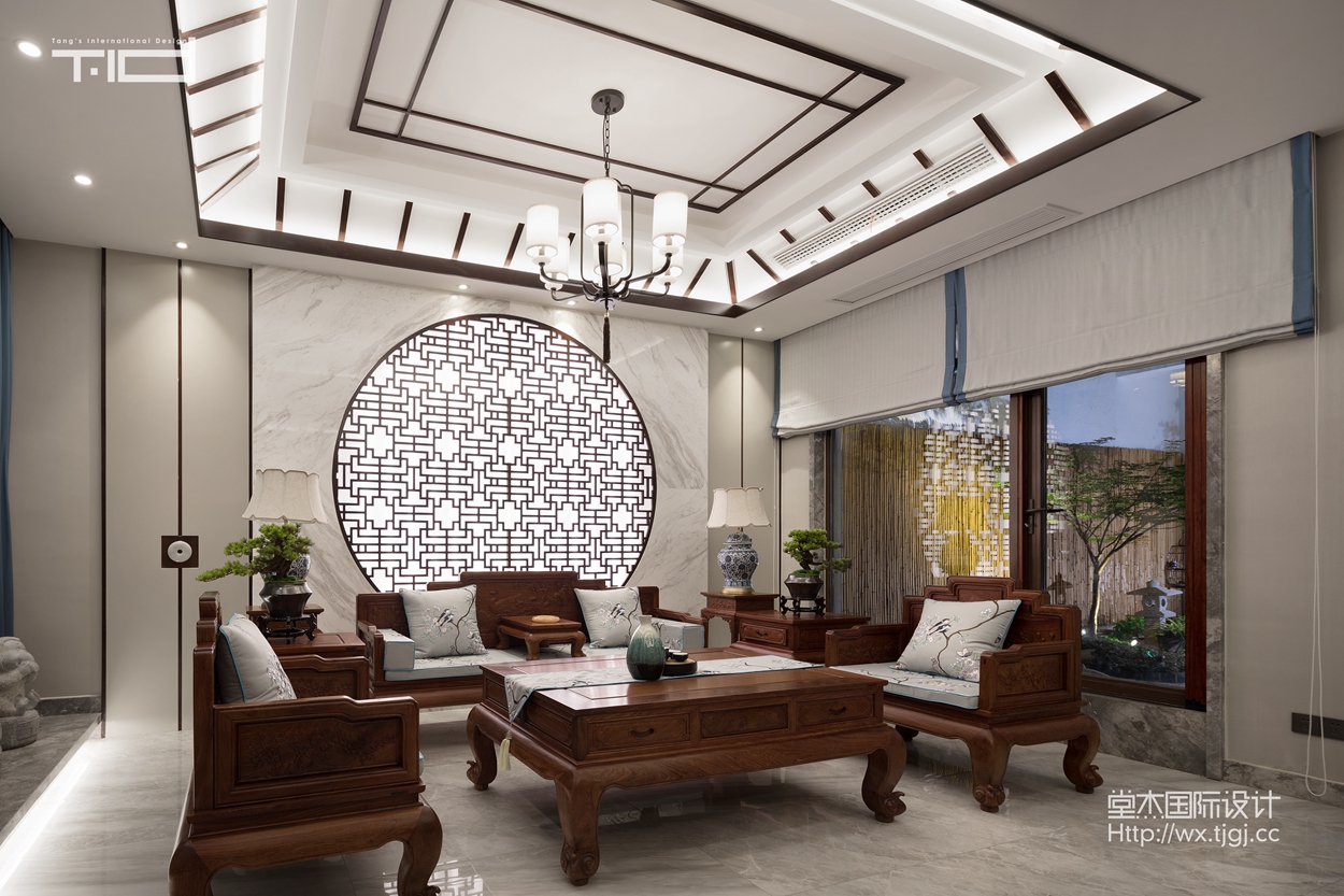 新中式-清扬康城-别墅-400平-客厅-装修效果实景图