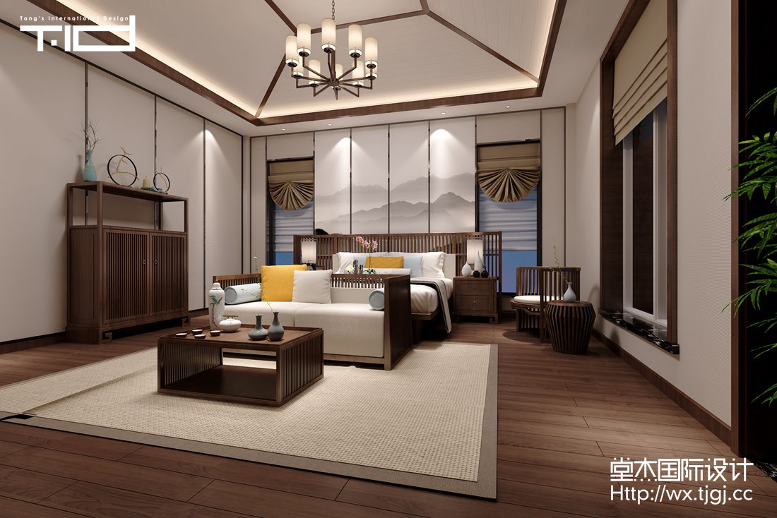 新中式风格-风鸣山庄-别墅-460平-卧室-装修效果图