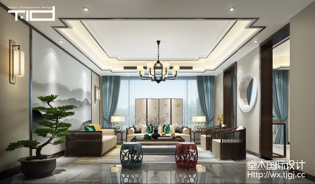 新中式风格-风鸣山庄-别墅-460平-客厅-装修效果图