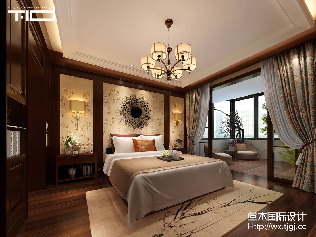 新中式-爱家名邸-别墅-450平-卧室-装修实景效果图