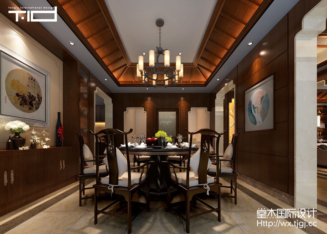 新中式-爱家名邸-别墅-450平-餐厅-装修实景效果图