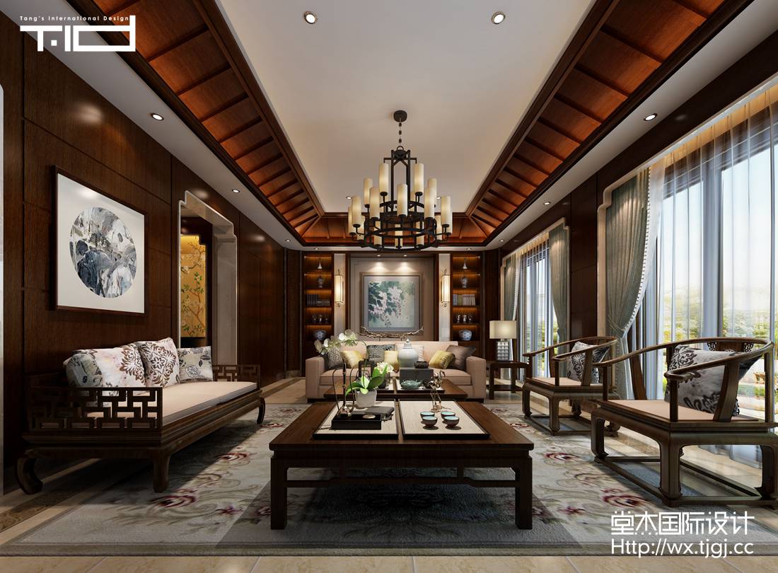 新中式-爱家名邸-别墅-450平-客厅-装修实景效果图