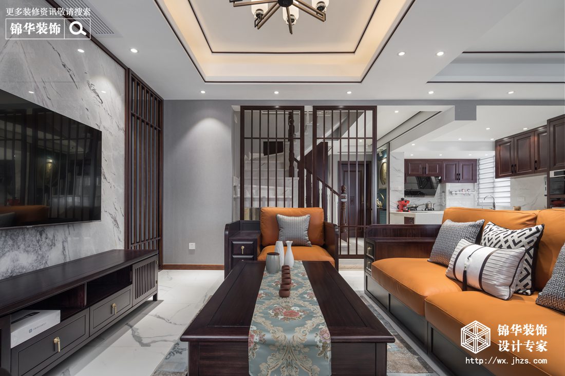 新中式风格-阿卡迪亚-复式-300平-客厅-装修实景效果图