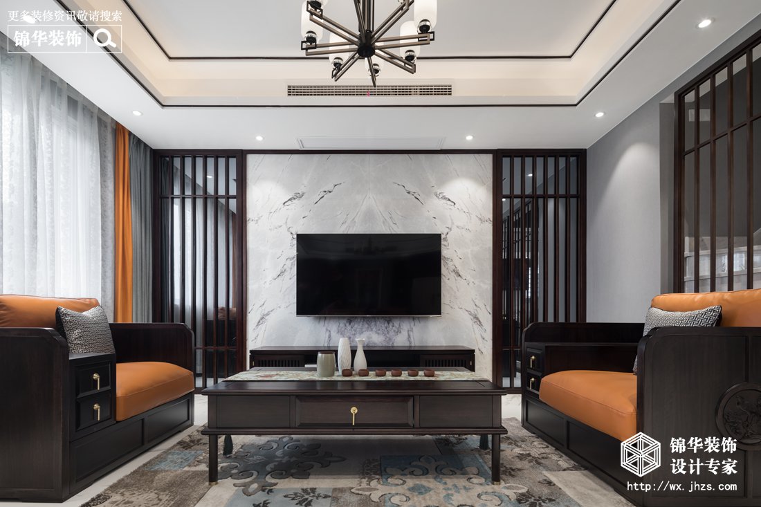 新中式风格-阿卡迪亚-复式-300平-客厅-装修实景效果图