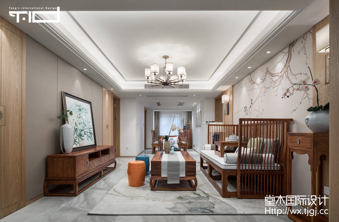 新中式风格-万科润园-跃层复式-320平-客厅-装修效果实景图