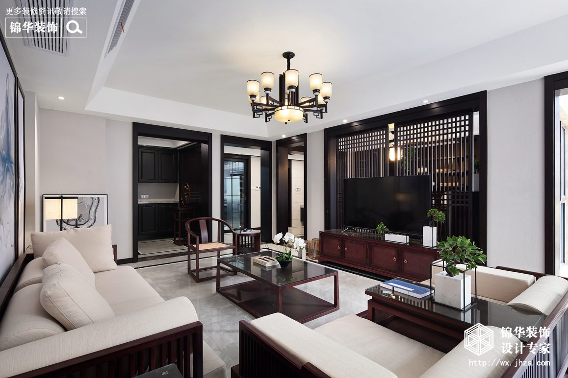 新中式风格-长江国际花园-跃层复式-240平-客厅-装修实景效果图