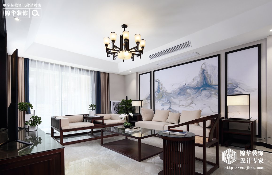 新中式风格-长江国际花园-跃层复式-240平-客厅-装修实景效果图