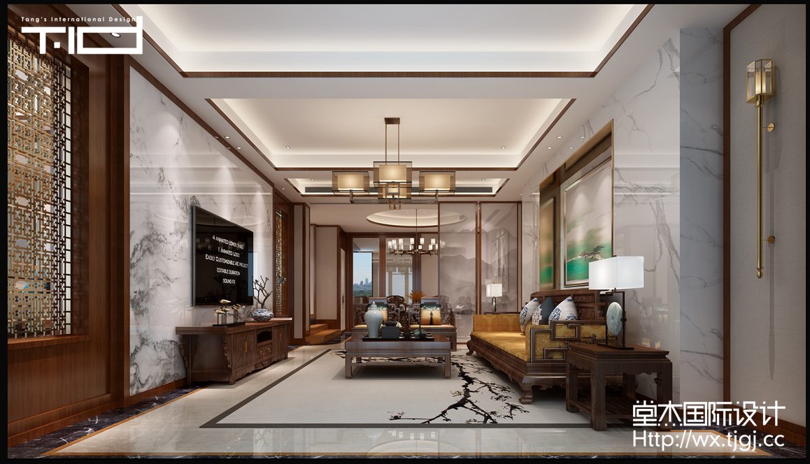 中式风格-清华坊-别墅-580平-客厅-装修效果实景图