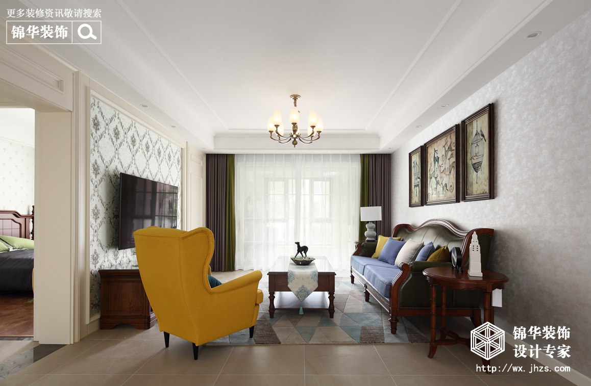 简美风格-孔雀雅园-三室两厅-124平米-客厅-装修实景效果图
