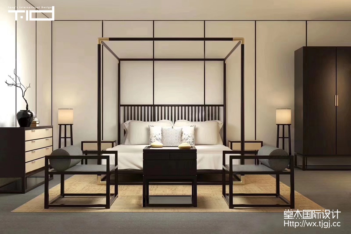 现代中式风格-万科润园-跃层复式-200平-卧室-装修效果图