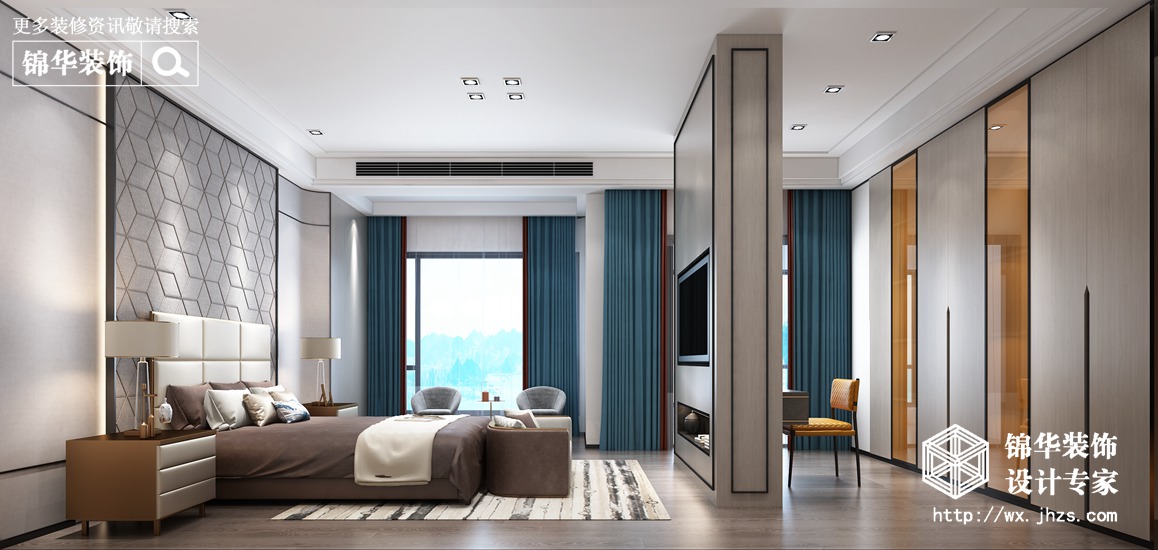 现代中式-银河湾-联排别墅-280平-卧室-装修效果图