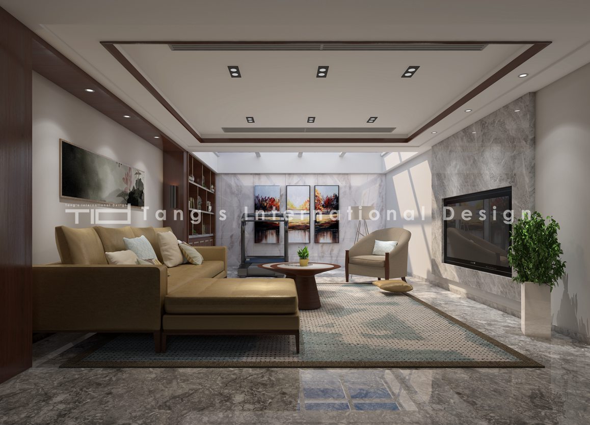 现代简约风格-太湖锦园-联排别墅-450平-客厅-装修效果图  