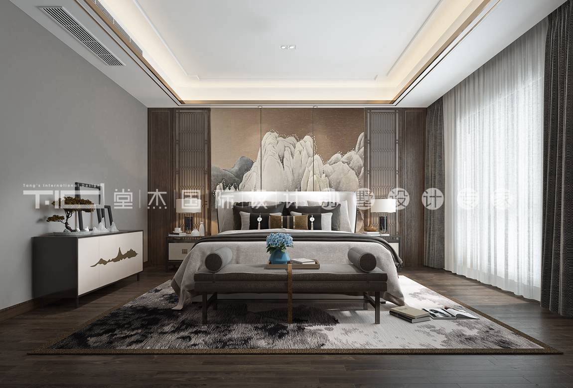 新中式风格-香樟园-叠加别墅-280平-卧室-装修效果图