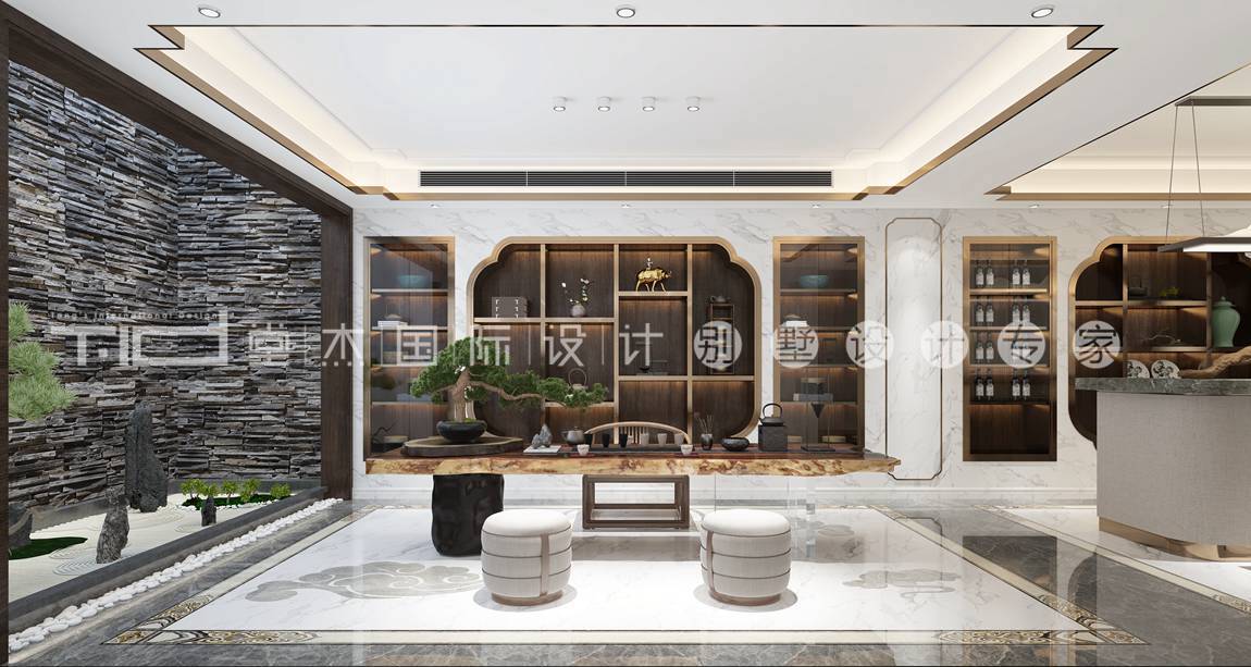 新中式风格-香樟园-叠加别墅-280平-吧台-装修效果图