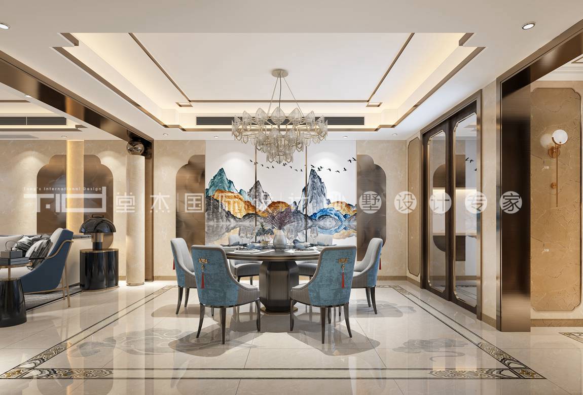 新中式风格-香樟园-叠加别墅-280平-餐厅-装修效果图