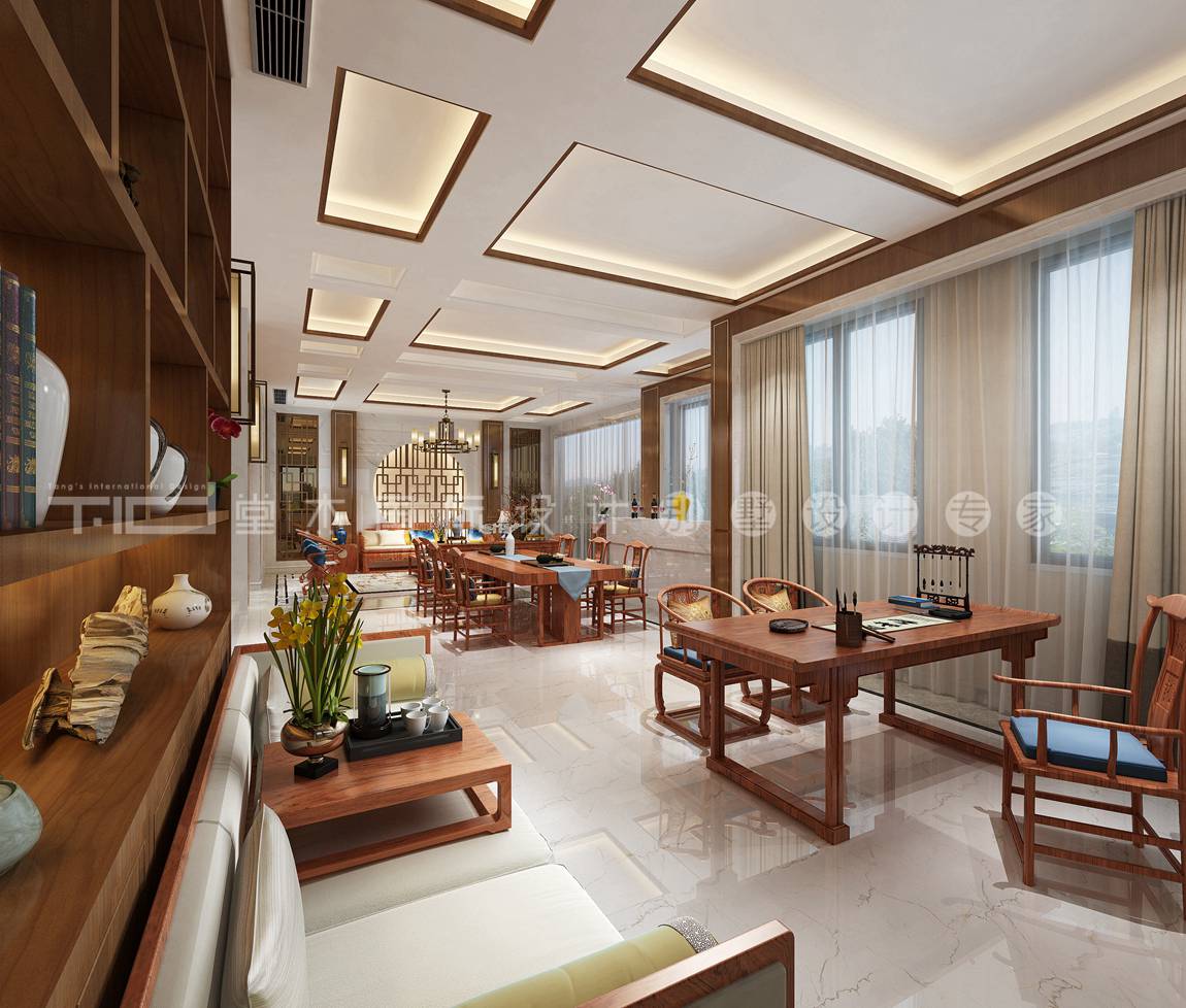 中式风格-东氿一号-别墅-318平-客餐厅-装修效果图
