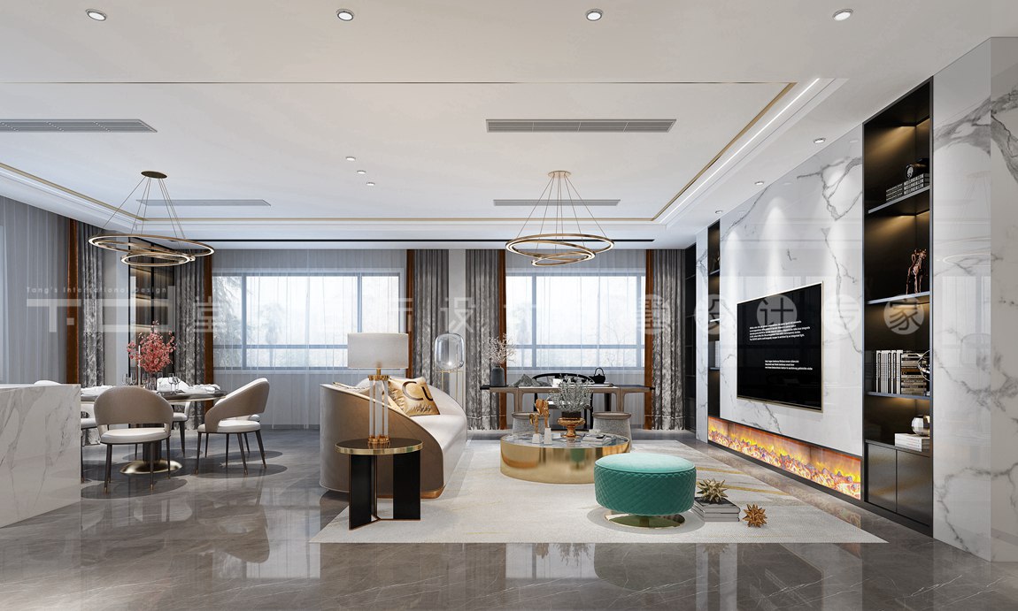 现代轻奢风格-橡树湾-联排别墅-330平-客厅-装修效果图