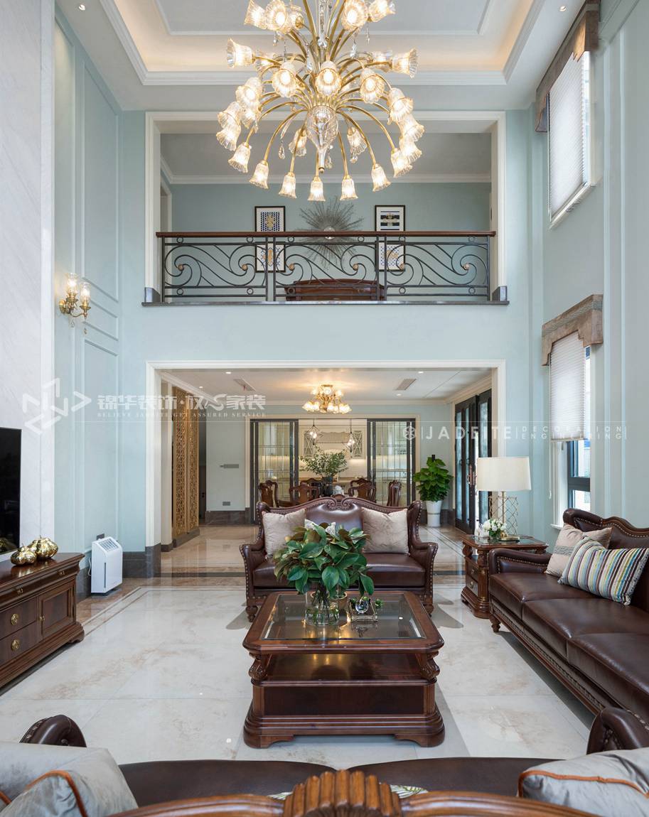 现代美式风格-名豪山庄-别墅-450平-客厅-装修实景效果图 