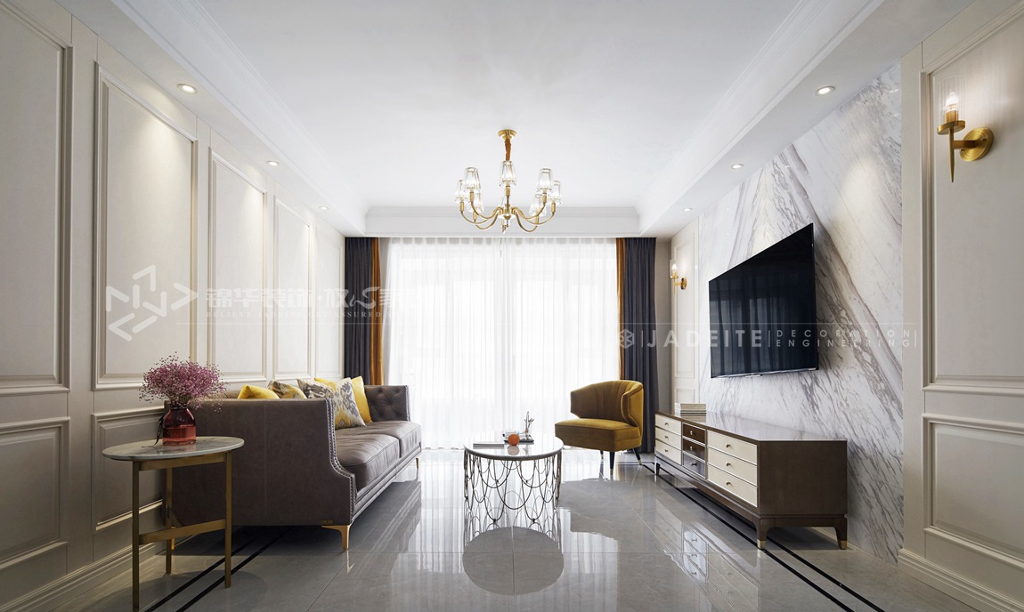 美式轻奢风格-华新一品御园-公寓-140平-装修实景效果图-客厅