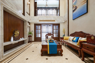 新中式风格-天池湾-跃层复式-200平米-客厅-装修效果实景图
